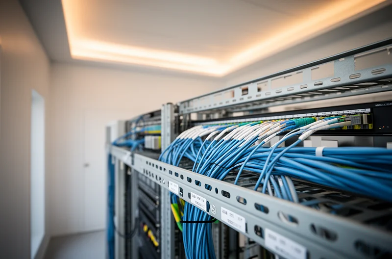 Técnico instalando cableado estructurado certificado en rack de red empresarial, Panel de parcheo profesional con cables organizados y etiquetados según normativa, Certificación de enlaces de red con equipo de medición profesional, Infraestructura de fibra óptica en centro de datos corporativo, Diseño de red estructurada con topología optimizada para empresa