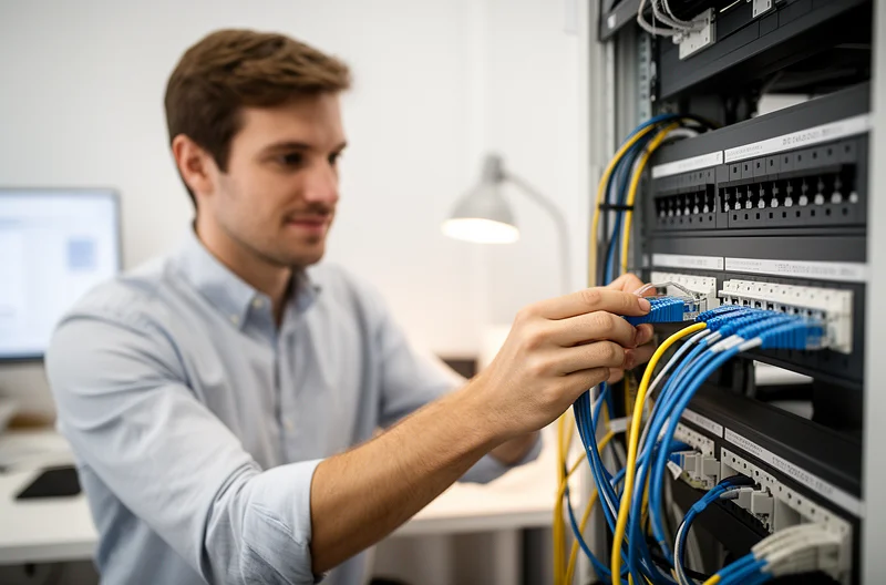 Técnico instalando cableado estructurado certificado en rack de red empresarial, Panel de parcheo profesional con cables organizados y etiquetados según normativa, Certificación de enlaces de red con equipo de medición profesional, Infraestructura de fibra óptica en centro de datos corporativo, Diseño de red estructurada con topología optimizada para empresa