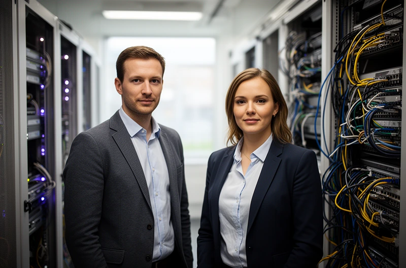 Instalación profesional de cableado estructurado categoría 6 en oficina corporativa, Certificación de cableado de red con equipamiento Fluke Networks en centro de datos, Rack de comunicaciones organizado con gestión profesional de cables y etiquetado normalizado, Tendido de fibra óptica monomodo para backbone entre edificios empresariales, Técnico realizando pruebas de certificación en panel de parcheo de red corporativa