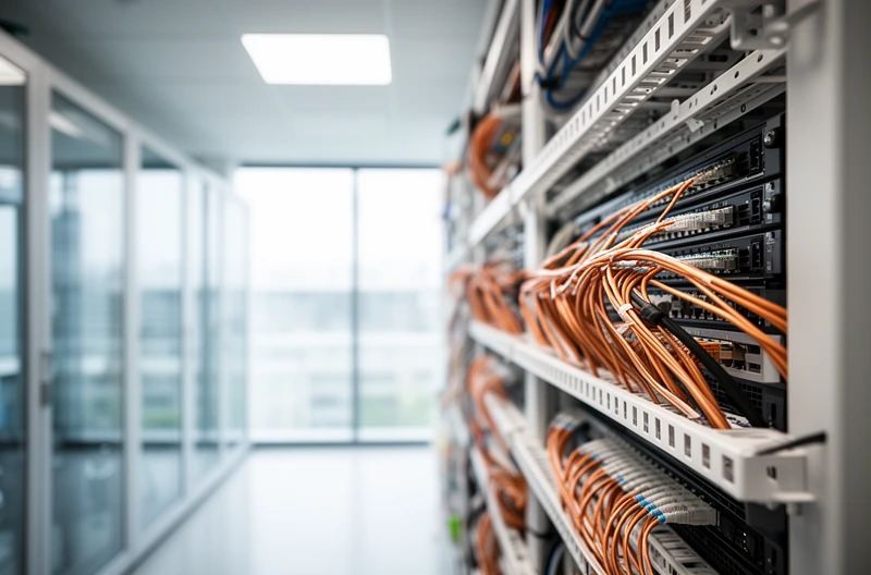 Instalación profesional de cableado estructurado categoría 6 en oficina corporativa, Certificación de cableado de red con equipamiento Fluke Networks en centro de datos, Rack de comunicaciones organizado con gestión profesional de cables y etiquetado normalizado, Tendido de fibra óptica monomodo para backbone entre edificios empresariales, Técnico realizando pruebas de certificación en panel de parcheo de red corporativa