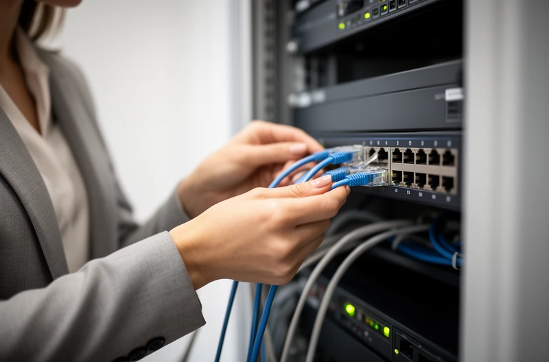 Instalación profesional de cableado estructurado categoría 6 en oficina corporativa, Certificación de cableado de red con equipamiento Fluke Networks en centro de datos, Rack de comunicaciones organizado con gestión profesional de cables y etiquetado normalizado, Tendido de fibra óptica monomodo para backbone entre edificios empresariales, Técnico realizando pruebas de certificación en panel de parcheo de red corporativa