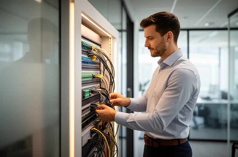 Instalación profesional de cableado estructurado categoría 6 en oficina corporativa, Certificación de cableado de red con equipamiento Fluke Networks en centro de datos, Rack de comunicaciones organizado con gestión profesional de cables y etiquetado normalizado, Tendido de fibra óptica monomodo para backbone entre edificios empresariales, Técnico realizando pruebas de certificación en panel de parcheo de red corporativa