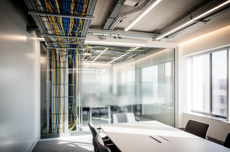 Instalación profesional de cableado estructurado categoría 6 en oficina corporativa, Certificación de cableado de red con equipamiento Fluke Networks en centro de datos, Rack de comunicaciones organizado con gestión profesional de cables y etiquetado normalizado, Tendido de fibra óptica monomodo para backbone entre edificios empresariales, Técnico realizando pruebas de certificación en panel de parcheo de red corporativa