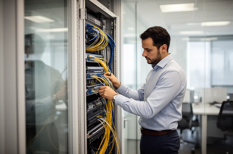 Técnico instalando cableado estructurado certificado en oficina Madrid, Armario de comunicaciones con switches y patch panels organizados profesionalmente, Certificación de red informática con equipo de medición avanzado, Instalación de fibra óptica en backbone empresarial Madrid, Infraestructura de red empresarial con segmentación VLANs y seguridad perimetral
