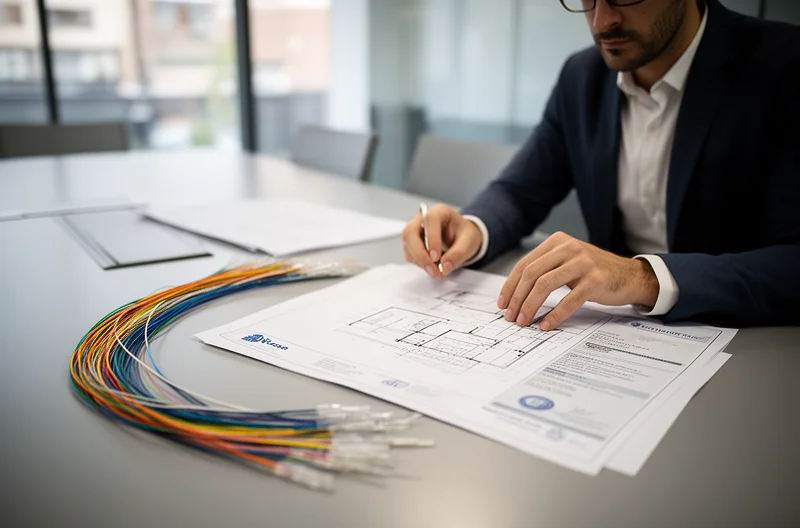Técnico instalando cableado estructurado certificado en oficina Madrid, Armario de comunicaciones con switches y patch panels organizados profesionalmente, Certificación de red informática con equipo de medición avanzado, Instalación de fibra óptica en backbone empresarial Madrid, Infraestructura de red empresarial con segmentación VLANs y seguridad perimetral