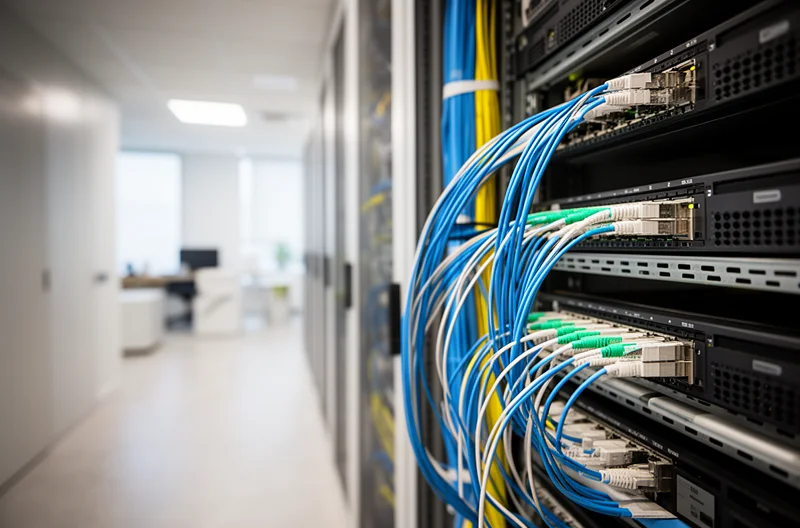 Técnico instalando cableado estructurado certificado en oficina Madrid, Armario de comunicaciones con switches y patch panels organizados profesionalmente, Certificación de red informática con equipo de medición avanzado, Instalación de fibra óptica en backbone empresarial Madrid, Infraestructura de red empresarial con segmentación VLANs y seguridad perimetral