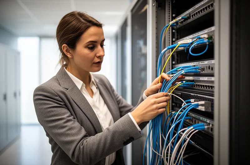 Técnico instalando cableado estructurado certificado en oficina Madrid, Armario de comunicaciones con switches y patch panels organizados profesionalmente, Certificación de red informática con equipo de medición avanzado, Instalación de fibra óptica en backbone empresarial Madrid, Infraestructura de red empresarial con segmentación VLANs y seguridad perimetral