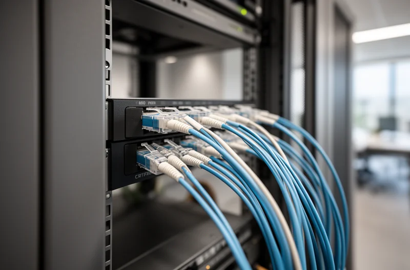 Técnico instalando cableado estructurado certificado en oficina Madrid, Armario de comunicaciones con switches y patch panels organizados profesionalmente, Certificación de red informática con equipo de medición avanzado, Instalación de fibra óptica en backbone empresarial Madrid, Infraestructura de red empresarial con segmentación VLANs y seguridad perimetral