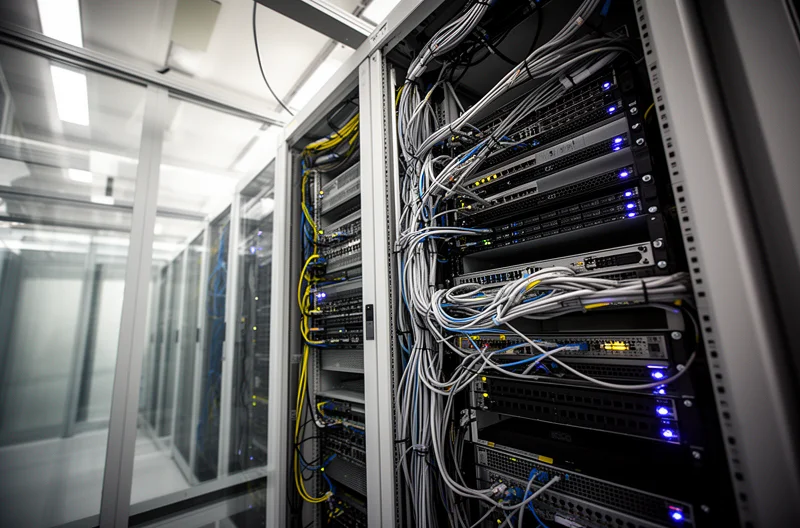 Técnico instalando cableado estructurado certificado, Rack de comunicaciones organizado profesionalmente, Certificación de red informática con equipos especializados, Diseño de infraestructura de red empresarial, Mantenimiento preventivo de cableado estructurado