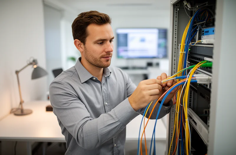 Técnico instalando cableado estructurado certificado, Rack de comunicaciones organizado profesionalmente, Certificación de red informática con equipos especializados, Diseño de infraestructura de red empresarial, Mantenimiento preventivo de cableado estructurado