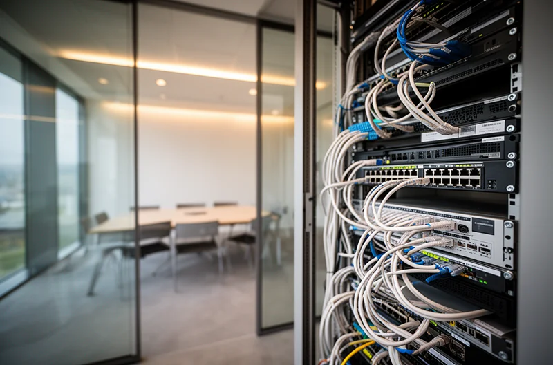 Técnico instalando cableado estructurado certificado, Rack de comunicaciones organizado profesionalmente, Certificación de red informática con equipos especializados, Diseño de infraestructura de red empresarial, Mantenimiento preventivo de cableado estructurado