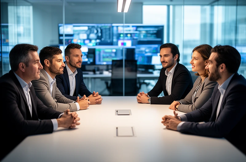 IT consulting team reviewing infrastructure plans, Technology consultant implementing cloud solutions, Cybersecurity expert configuring network protection, IT advisory meeting with business stakeholders, Managed services provider monitoring systems