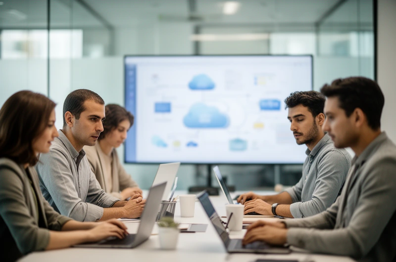 IT consulting team reviewing infrastructure plans, Technology consultant implementing cloud solutions, Cybersecurity expert configuring network protection, IT advisory meeting with business stakeholders, Managed services provider monitoring systems