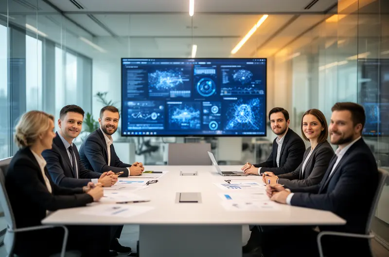 Equipo revisando plan de seguridad informática en sala de reuniones, Diagrama de arquitectura de ciberseguridad empresarial multicapa, Profesional configurando firewall y sistemas de protección avanzada, Sesión de formación en ciberseguridad para empleados corporativos, Panel de monitorización en tiempo real de amenazas informáticas