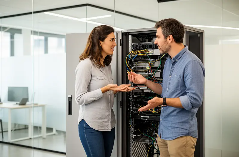 Equipo técnico realizando outsourcing IT en oficina de Madrid, Profesionales de sistemas gestionando infraestructura tecnológica empresarial, Técnico especializado en soporte IT presencial en empresa madrileña, Monitorización remota de sistemas informáticos en Madrid, Reunión de consultoría IT para outsourcing tecnológico