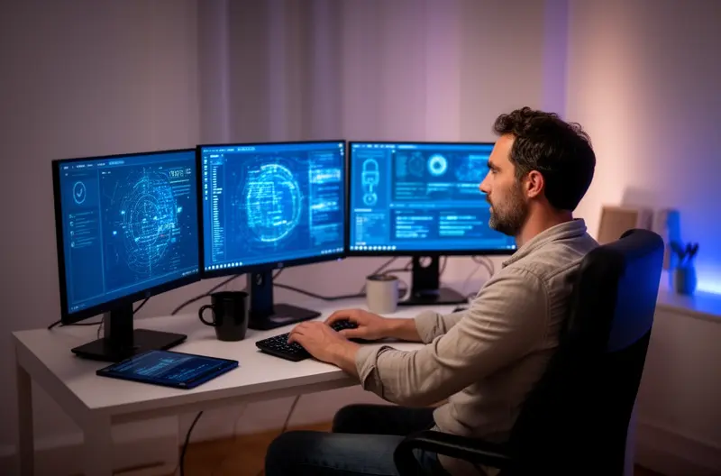 Técnico realizando mantenimiento preventivo en servidor empresarial Madrid, Equipo de soporte informático atendiendo incidencia técnica de forma remota, Firewall y sistemas de ciberseguridad protegiendo red corporativa, Profesional IT instalando equipos informáticos en oficina Madrid, Panel de monitorización de infraestructura tecnológica empresarial