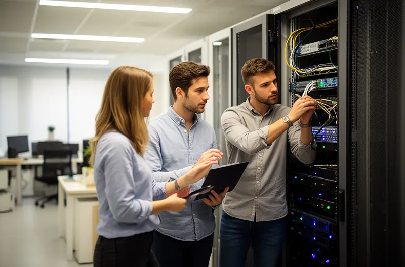 Técnico realizando mantenimiento preventivo en servidor empresarial Madrid, Equipo de soporte informático atendiendo incidencia técnica de forma remota, Firewall y sistemas de ciberseguridad protegiendo red corporativa, Profesional IT instalando equipos informáticos en oficina Madrid, Panel de monitorización de infraestructura tecnológica empresarial