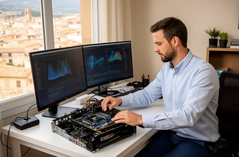 Técnico realizando mantenimiento preventivo de servidores en Gerona, Panel de monitorización de infraestructura IT en tiempo real, Equipo certificado implementando soluciones de ciberseguridad empresarial, Sala de servidores con sistemas de backup y recuperación ante desastres, Consultor IT analizando infraestructura de red en empresa de Gerona