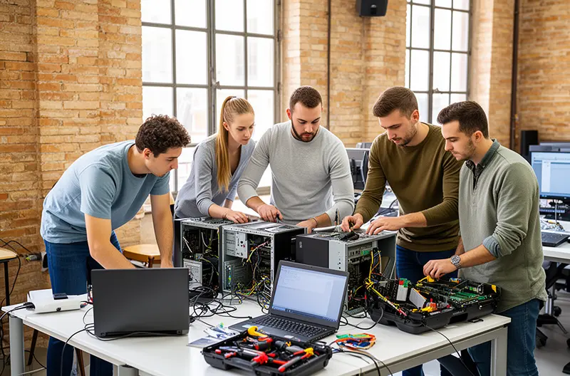 Técnico realizando mantenimiento preventivo de servidores en Gerona, Panel de monitorización de infraestructura IT en tiempo real, Equipo certificado implementando soluciones de ciberseguridad empresarial, Sala de servidores con sistemas de backup y recuperación ante desastres, Consultor IT analizando infraestructura de red en empresa de Gerona