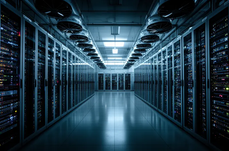 técnico realizando mantenimiento informático en oficina de Cuenca, infraestructura de red empresarial con switches y cableado estructurado, pantalla mostrando monitorización de sistemas IT en tiempo real, firewall corporativo protegiendo red empresarial, equipo de soporte técnico atendiendo incidencia informática