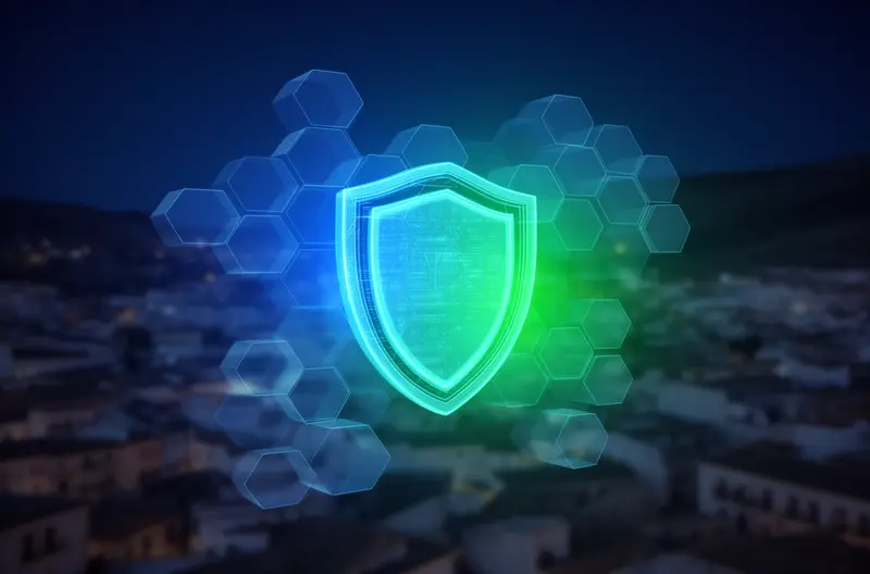 técnico realizando mantenimiento informático en oficina de Cuenca, infraestructura de red empresarial con switches y cableado estructurado, pantalla mostrando monitorización de sistemas IT en tiempo real, firewall corporativo protegiendo red empresarial, equipo de soporte técnico atendiendo incidencia informática