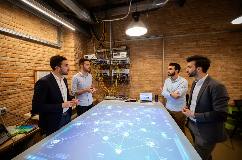 técnico realizando mantenimiento informático en oficina de Cuenca, infraestructura de red empresarial con switches y cableado estructurado, pantalla mostrando monitorización de sistemas IT en tiempo real, firewall corporativo protegiendo red empresarial, equipo de soporte técnico atendiendo incidencia informática