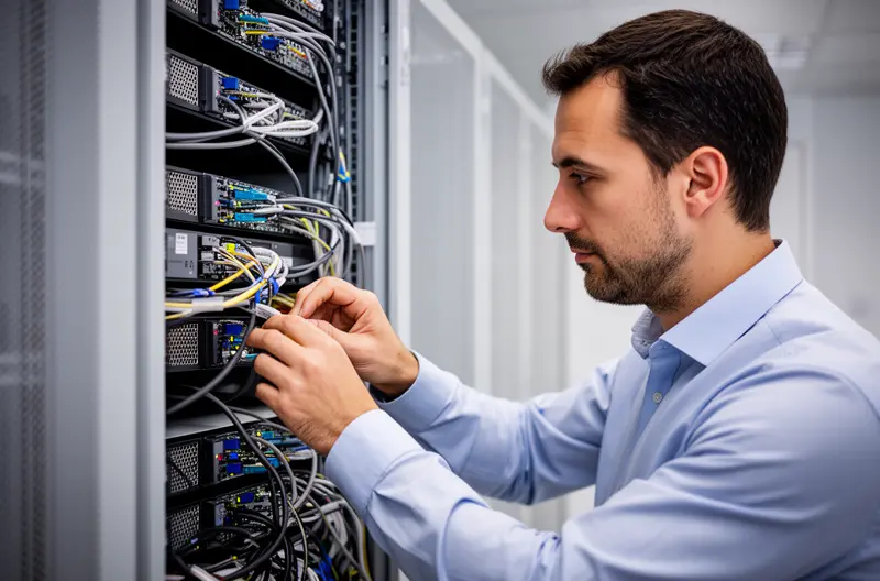 técnico realizando mantenimiento informático en oficina de Cuenca, infraestructura de red empresarial con switches y cableado estructurado, pantalla mostrando monitorización de sistemas IT en tiempo real, firewall corporativo protegiendo red empresarial, equipo de soporte técnico atendiendo incidencia informática