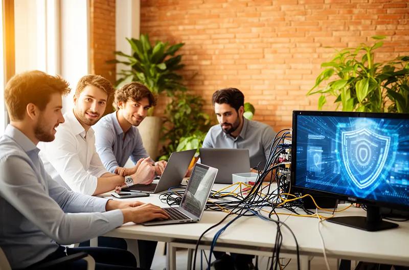 Técnico realizando mantenimiento preventivo en servidor empresarial en Córdoba, Equipo informático siendo revisado durante auditoría de seguridad, Sala de servidores con sistemas monitorizados y protegidos, Profesional IT ofreciendo soporte técnico presencial en oficina, Panel de control mostrando estado óptimo de infraestructura tecnológica