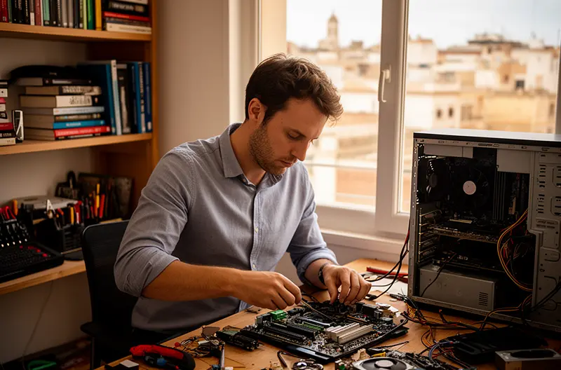 Técnico realizando mantenimiento preventivo en servidor empresarial en Córdoba, Equipo informático siendo revisado durante auditoría de seguridad, Sala de servidores con sistemas monitorizados y protegidos, Profesional IT ofreciendo soporte técnico presencial en oficina, Panel de control mostrando estado óptimo de infraestructura tecnológica