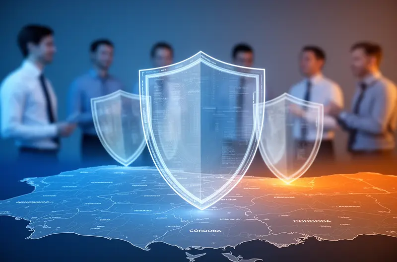 Técnico realizando mantenimiento preventivo en servidor empresarial en Córdoba, Equipo informático siendo revisado durante auditoría de seguridad, Sala de servidores con sistemas monitorizados y protegidos, Profesional IT ofreciendo soporte técnico presencial en oficina, Panel de control mostrando estado óptimo de infraestructura tecnológica