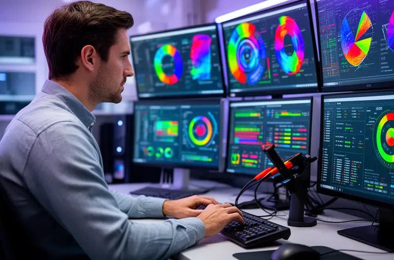 Técnico realizando mantenimiento preventivo en servidor empresarial, Equipo de soporte informático revisando infraestructura de red en oficina, Panel de monitorización de sistemas informáticos en tiempo real, Auditoría tecnológica completa de equipos informáticos empresariales, Implementación de soluciones de seguridad informática en pyme