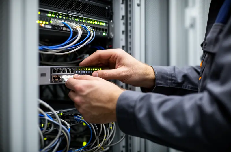 Técnico realizando mantenimiento preventivo en servidor empresarial en Cádiz, Equipo de soporte informático trabajando en oficina moderna gaditana, Panel de monitorización de sistemas IT con alertas de seguridad, Empresario revisando plan de mantenimiento informático personalizado, Infraestructura de red protegida con firewall y soluciones de ciberseguridad