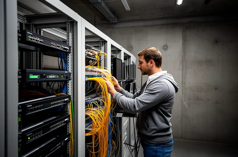 Técnico realizando mantenimiento preventivo en servidor empresarial en Cáceres, Equipo informático empresarial recibiendo soporte técnico especializado, Infraestructura de red empresarial optimizada con mantenimiento profesional, Servicio de outsourcing IT gestionando sistemas informáticos de empresa, Contrato de mantenimiento informático flexible para empresas en Cáceres