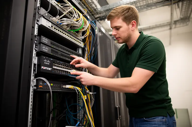 Técnico realizando mantenimiento preventivo en servidor empresarial en Cantabria, Equipo de soporte informático gestionando infraestructura de red en oficina, Centralita telefónica IP moderna instalada en empresa de Cantabria, Sistema de seguridad informática con firewall protegiendo datos empresariales, Monitorización continua de infraestructura IT en centro de operaciones tecnológicas