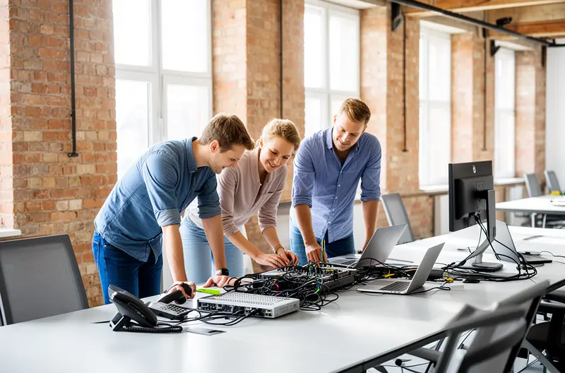 Técnico realizando mantenimiento preventivo en servidor empresarial en Cantabria, Equipo de soporte informático gestionando infraestructura de red en oficina, Centralita telefónica IP moderna instalada en empresa de Cantabria, Sistema de seguridad informática con firewall protegiendo datos empresariales, Monitorización continua de infraestructura IT en centro de operaciones tecnológicas