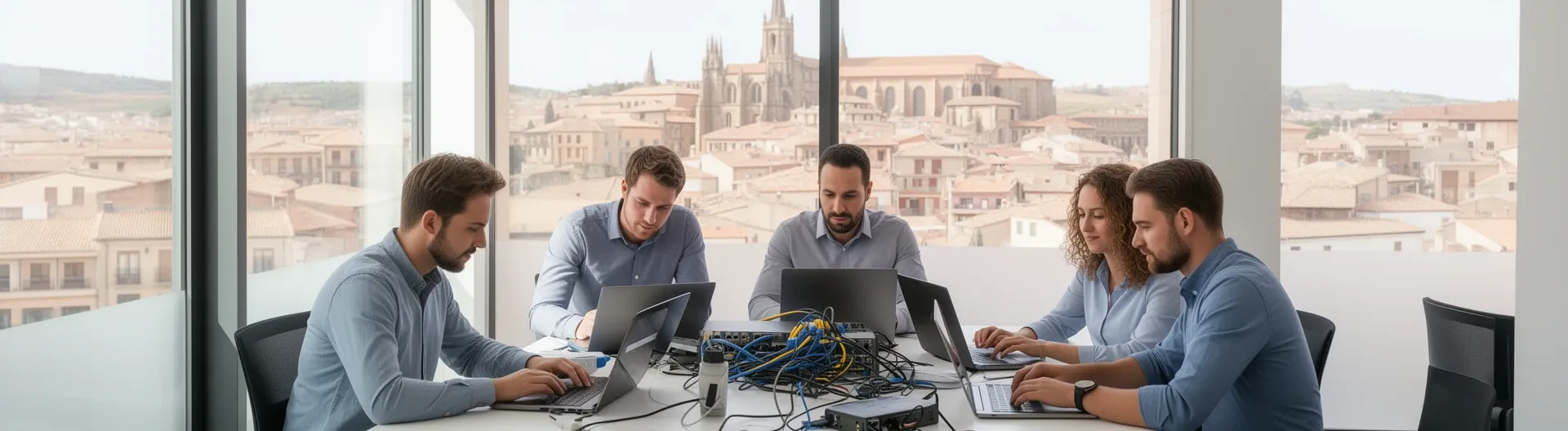 Técnico informático realizando mantenimiento preventivo en oficina de Burgos, Equipo de soporte IT configurando servidores en empresa burgalesa, Auditoría informática profesional en instalaciones empresariales de Burgos, Soporte remoto resolviendo incidencias técnicas para PYME en Burgos, Infraestructura tecnológica moderna gestionada por servicio de mantenimiento en Burgos