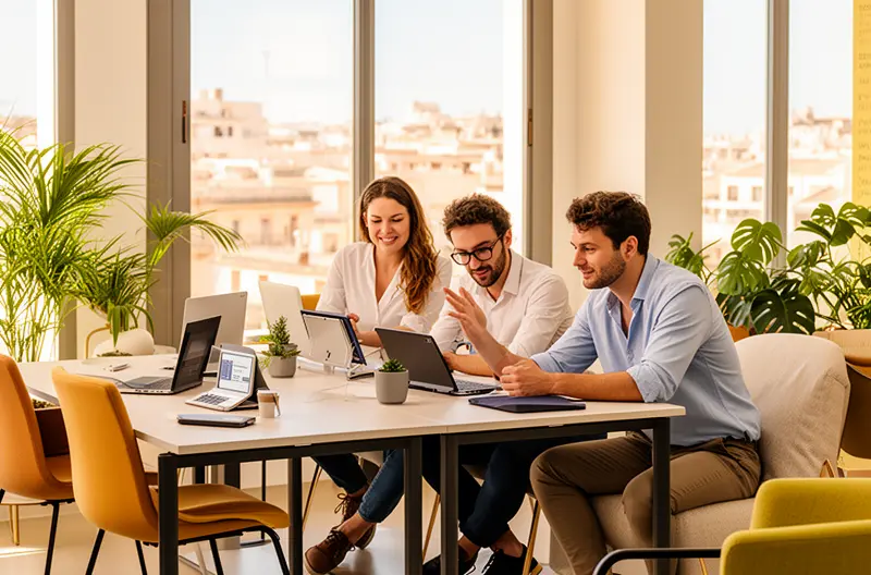 Técnico realizando mantenimiento informático en empresa de Islas Baleares, Servidor empresarial con monitorización en tiempo real en Mallorca, Equipo de soporte IT trabajando en oficina de Islas Baleares, Infraestructura de red empresarial en empresa balear, Panel de control de sistemas informáticos en Islas Baleares