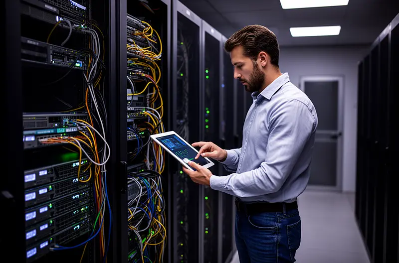 Técnico realizando mantenimiento informático en empresa de Islas Baleares, Servidor empresarial con monitorización en tiempo real en Mallorca, Equipo de soporte IT trabajando en oficina de Islas Baleares, Infraestructura de red empresarial en empresa balear, Panel de control de sistemas informáticos en Islas Baleares