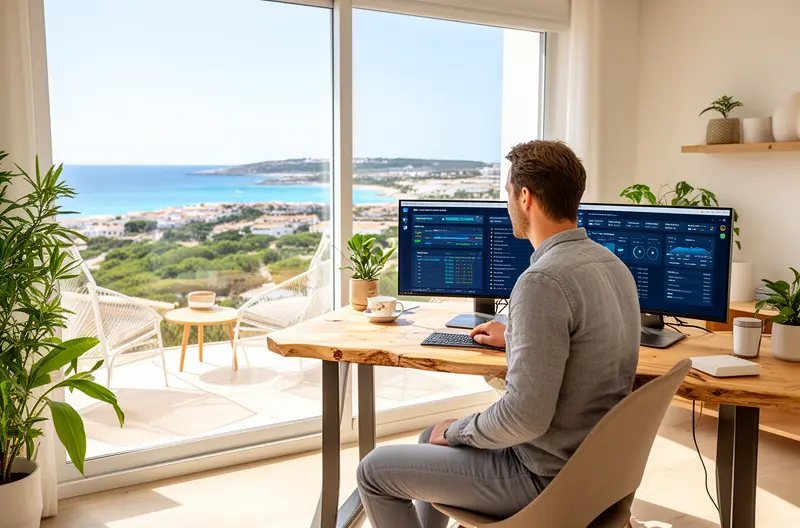 Técnico realizando mantenimiento informático en empresa de Islas Baleares, Servidor empresarial con monitorización en tiempo real en Mallorca, Equipo de soporte IT trabajando en oficina de Islas Baleares, Infraestructura de red empresarial en empresa balear, Panel de control de sistemas informáticos en Islas Baleares