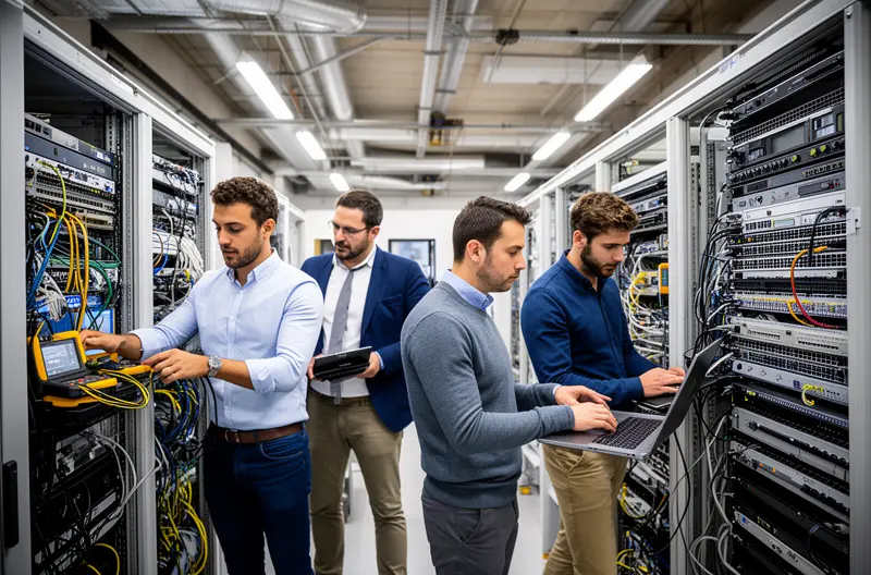 Técnico realizando mantenimiento informático en empresa de Islas Baleares, Servidor empresarial con monitorización en tiempo real en Mallorca, Equipo de soporte IT trabajando en oficina de Islas Baleares, Infraestructura de red empresarial en empresa balear, Panel de control de sistemas informáticos en Islas Baleares