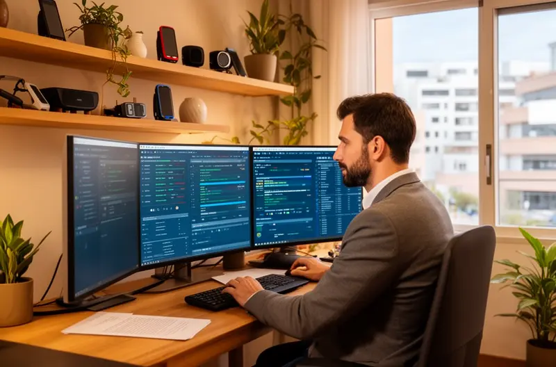 Técnico realizando mantenimiento preventivo de servidores en empresa de Badajoz, Sistema de monitorización remota de infraestructura IT en tiempo real, Equipo de soporte técnico presencial resolviendo incidencia informática, Panel de control de copias de seguridad automatizadas y verificadas, Sala de servidores con sistemas de protección y climatización optimizados