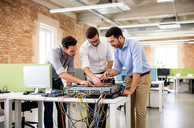 Técnico realizando mantenimiento preventivo de servidores en empresa de Badajoz, Sistema de monitorización remota de infraestructura IT en tiempo real, Equipo de soporte técnico presencial resolviendo incidencia informática, Panel de control de copias de seguridad automatizadas y verificadas, Sala de servidores con sistemas de protección y climatización optimizados