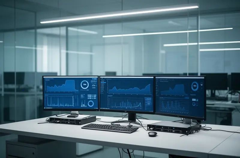 Técnico realizando mantenimiento preventivo de servidores en empresa de Badajoz, Sistema de monitorización remota de infraestructura IT en tiempo real, Equipo de soporte técnico presencial resolviendo incidencia informática, Panel de control de copias de seguridad automatizadas y verificadas, Sala de servidores con sistemas de protección y climatización optimizados