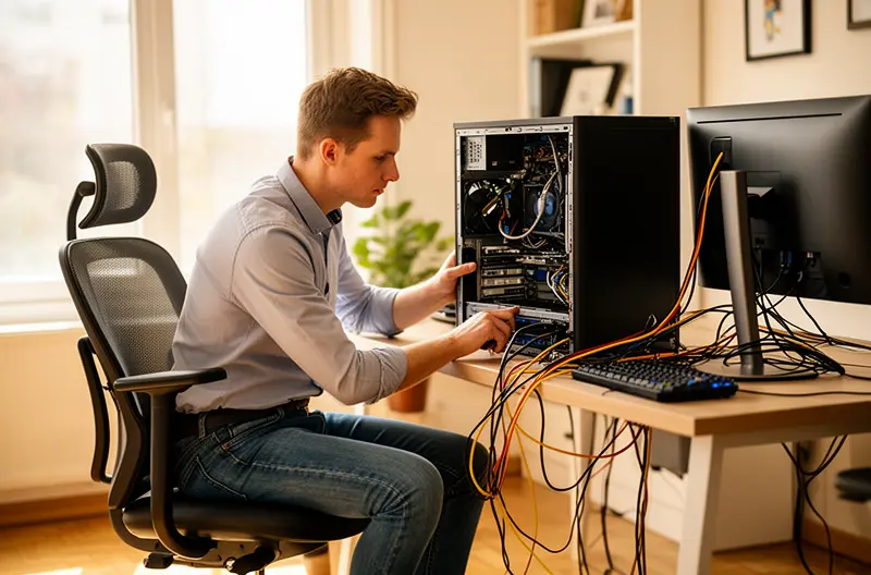 técnico realizando mantenimiento preventivo en servidor empresarial, equipo de soporte informático remoto atendiendo incidencia, sistema de monitorización de infraestructura IT en tiempo real, instalación de soluciones de ciberseguridad en empresa, auditoría técnica de sistemas informáticos corporativos