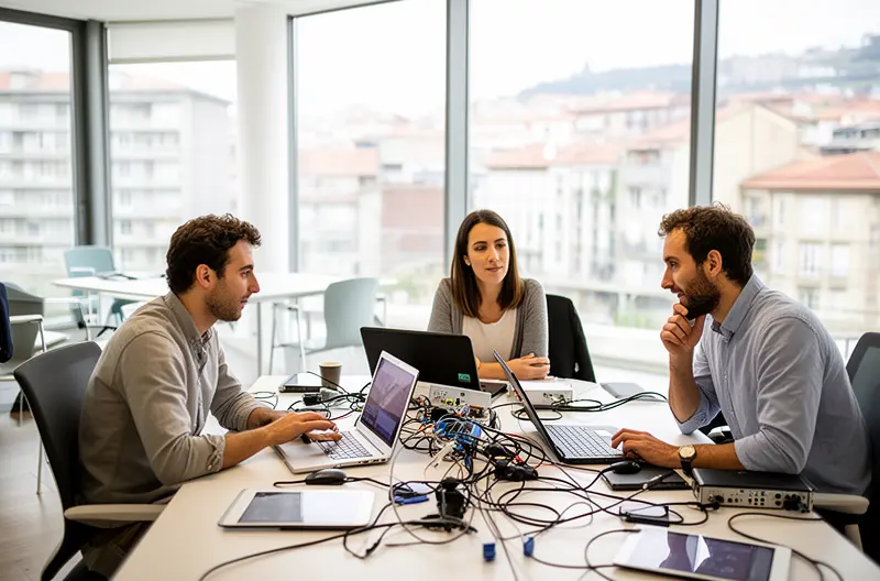 Técnico realizando mantenimiento preventivo en servidor empresarial en Asturias, Equipo de soporte informático revisando infraestructura de red en empresa asturiana, Panel de monitorización de sistemas IT en tiempo real, Profesional configurando soluciones de seguridad informática Sophos y Fortinet, Sala de servidores con sistemas de backup y protección de datos