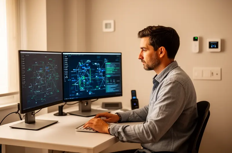 Técnico realizando mantenimiento preventivo en servidor empresarial en Asturias, Equipo de soporte informático revisando infraestructura de red en empresa asturiana, Panel de monitorización de sistemas IT en tiempo real, Profesional configurando soluciones de seguridad informática Sophos y Fortinet, Sala de servidores con sistemas de backup y protección de datos