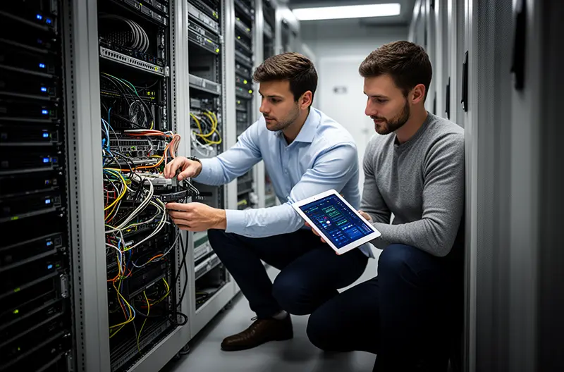 Técnico realizando mantenimiento preventivo en servidor empresarial en Asturias, Equipo de soporte informático revisando infraestructura de red en empresa asturiana, Panel de monitorización de sistemas IT en tiempo real, Profesional configurando soluciones de seguridad informática Sophos y Fortinet, Sala de servidores con sistemas de backup y protección de datos