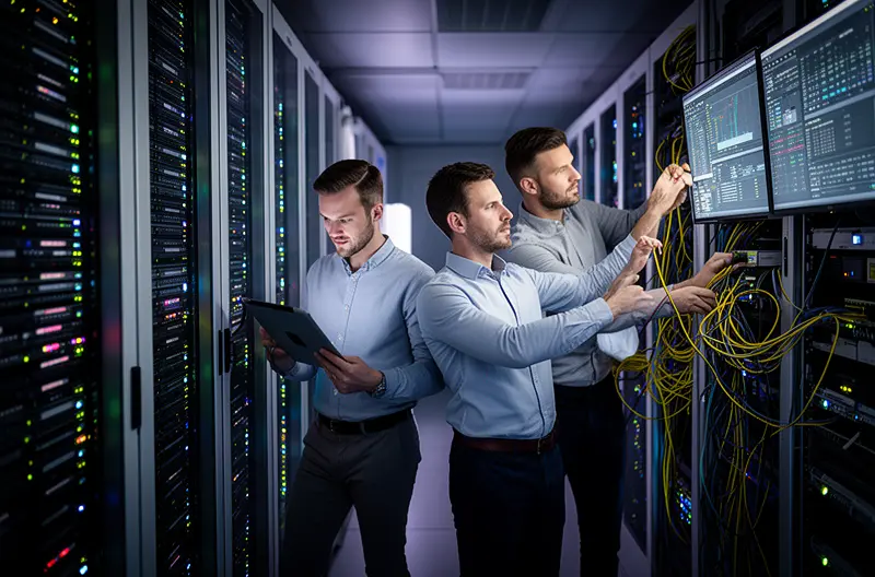 Técnico realizando mantenimiento preventivo de servidores en empresa de Almería, Equipo informático recibiendo soporte técnico presencial en oficina almeriense, Panel de monitorización continua de infraestructura IT en tiempo real, Auditoría informática completa de sistemas y equipos en PYME, Profesional configurando soluciones de backup y seguridad en Almería