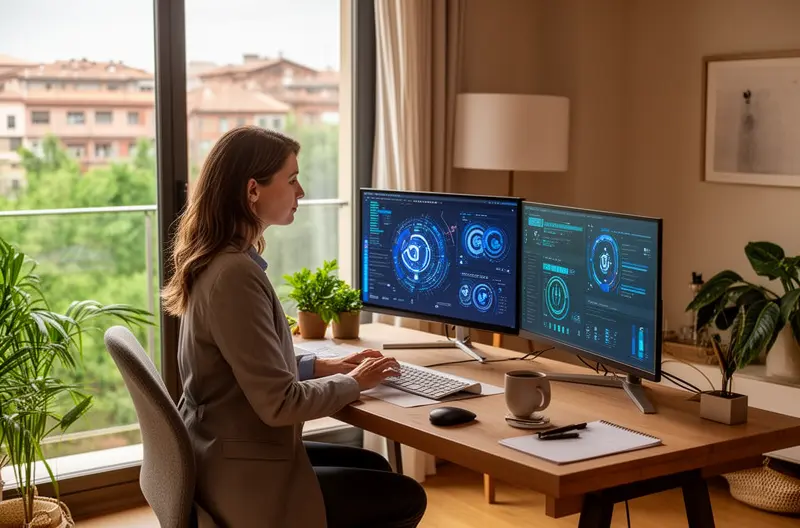 Técnico informático realizando mantenimiento preventivo en empresa de Álava, Equipo de soporte IT gestionando infraestructura tecnológica en Vitoria-Gasteiz, Sistema de monitorización remota para soporte informático empresarial, Profesional configurando soluciones de ciberseguridad en oficina de Álava, Sala de servidores con sistemas de backup y protección empresarial