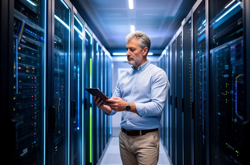 Técnico informático realizando mantenimiento preventivo en empresa de Álava, Equipo de soporte IT gestionando infraestructura tecnológica en Vitoria-Gasteiz, Sistema de monitorización remota para soporte informático empresarial, Profesional configurando soluciones de ciberseguridad en oficina de Álava, Sala de servidores con sistemas de backup y protección empresarial